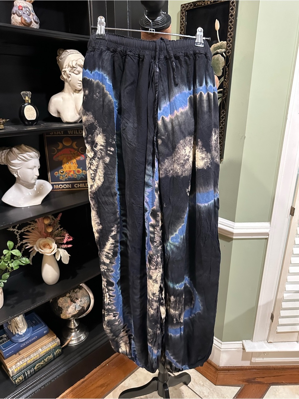 Kathmandu Imports Tie Dye Harem Pants Black Blue Boho Balloon Pants Rayon